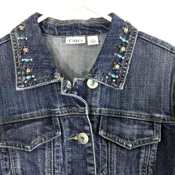 Catos Cropped Jean Jacket Womens Small Denim Blue Rhinestone Beads Button Down - Picture 3 of 9